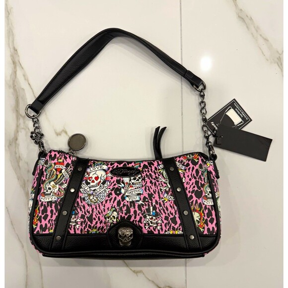 Ed Hardy Handbags - Ed Hardy pink leopard skull studded shoulder bag zip w/ detachable strap